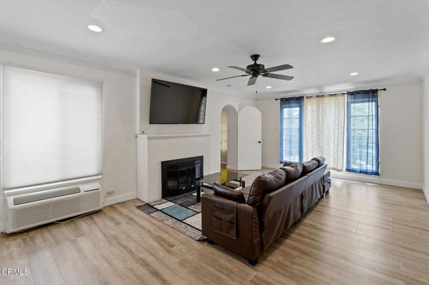 Fireplace, Interior, Living room, Recessed Lighting, Wood Texture Flooring