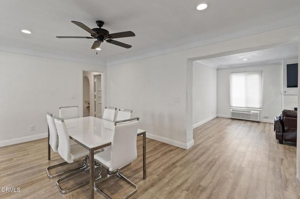 Dining room, Interior, Recessed Lighting, Wood Texture Flooring