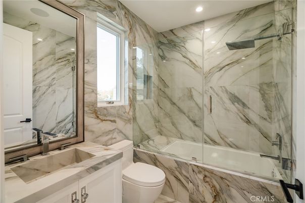 Bathroom, Glass Shower, Interior, Marble Walls, Recessed Lighting