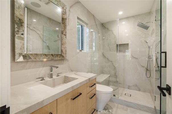 Bathroom, Glass Shower, Interior, Marble Walls, Recessed Lighting