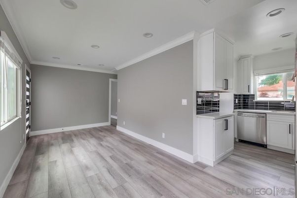 Empty room, Interior, Kitchen, Recessed Lighting, Wood Texture Flooring