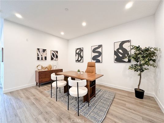 Dining room, Interior, Recessed Lighting, Wood Texture Flooring