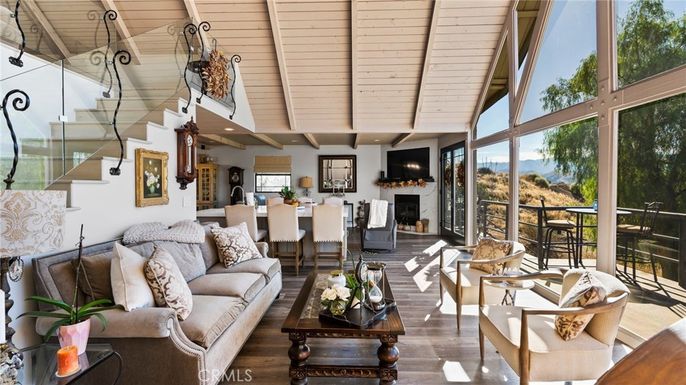 Dining room, Fireplace, Interior, Living room, Recessed Lighting, Wooden Ceilings, Wood Texture Flooring