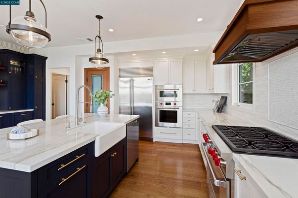 Interior, Kitchen, Pendant Lights, Recessed Lighting, Stainless Steel Appliances, Wood Texture Flooring