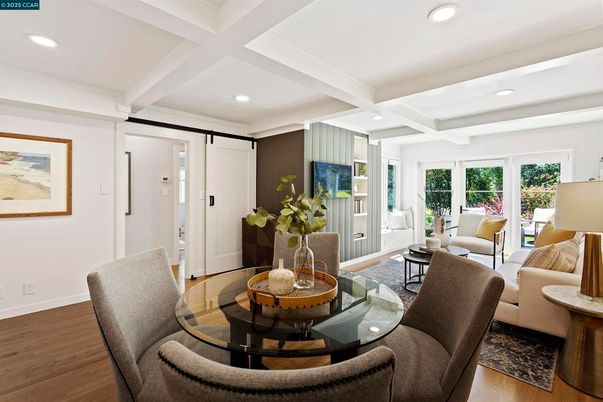 Dining room, Interior, Living room, Recessed Lighting, Wood Texture Flooring