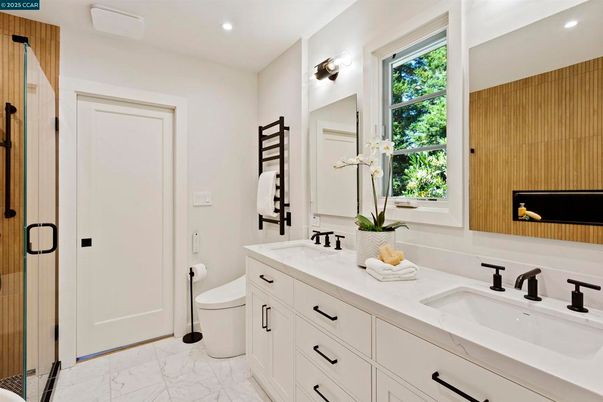 Bathroom, Dual Sink Vanities, Interior, Marble, Recessed Lighting