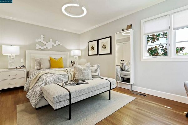 Bedroom, Interior, Pendant Lights, Wood Texture Flooring