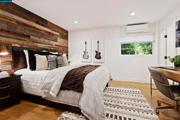 Bedroom, Interior, Recessed Lighting, Wood Texture Flooring, Wooden Walls