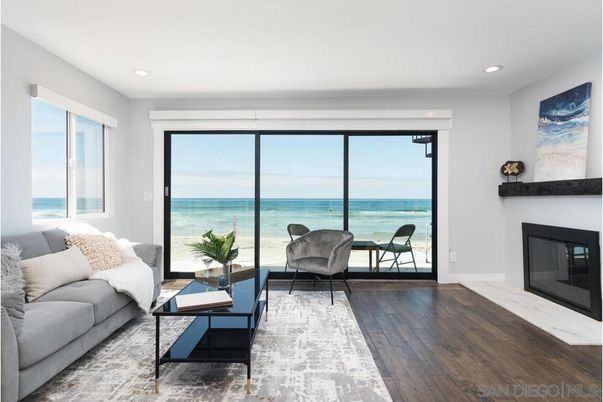 Fireplace, Interior, Living room, Recessed Lighting, Water, Wood Texture Flooring