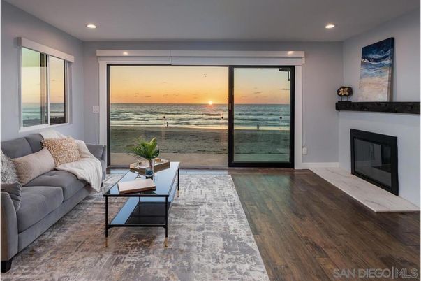 Fireplace, Interior, Living room, Recessed Lighting, Water, Wood Texture Flooring