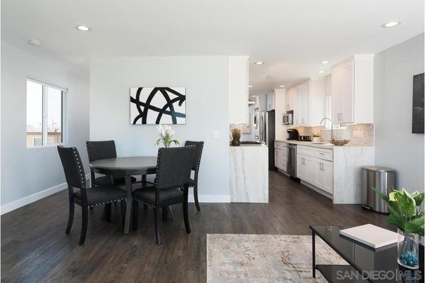 Dining room, Interior, Kitchen, Recessed Lighting, Stainless Steel Appliances, Wood Texture Flooring