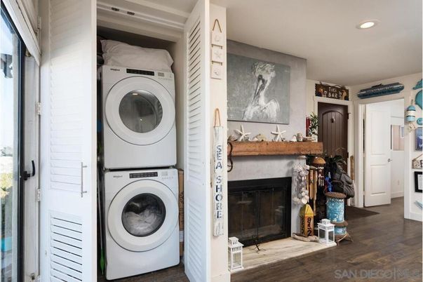Fireplace, Interior, Recessed Lighting, Utility Closets, Washer, Wood Texture Flooring
