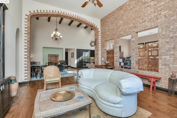 Chandelier, Interior, Living room, Stone Walls, Wood Texture Flooring