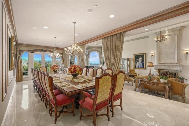 Chandelier, Dining room, Fireplace, Interior, Recessed Lighting