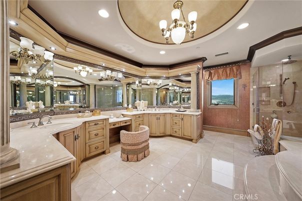 Bathroom, Chandelier, Dual Sink Vanities, Glass Shower, Interior, Recessed Lighting