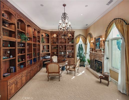 Chandelier, Fireplace, Home Office, Interior, Recessed Lighting