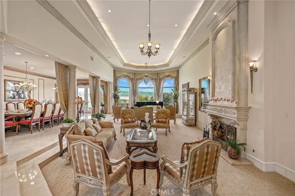 Chandelier, Dining room, Fireplace, Interior, Living room, Recessed Lighting