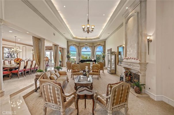 Chandelier, Dining room, Fireplace, Interior, Living room, Recessed Lighting
