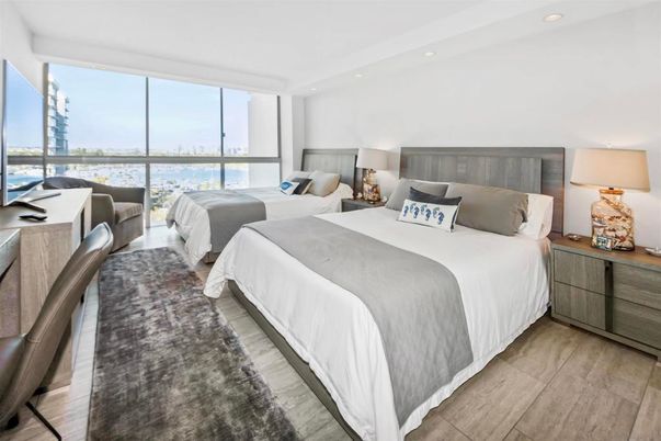Bedroom, Interior, Recessed Lighting, Water, Wood Texture Flooring