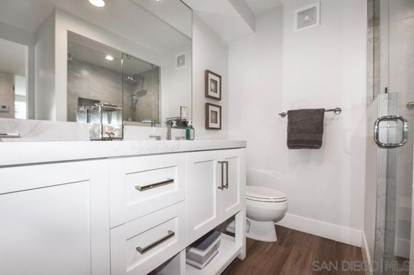 Bathroom, Glass Shower, Interior, Recessed Lighting, Wood Texture Flooring
