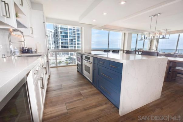 Dining room, Interior, Kitchen, Pendant Lights, Recessed Lighting, Water, Wood Texture Flooring