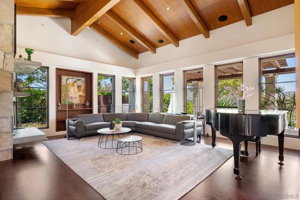 Interior, Living room, Piano, Recessed Lighting, Wooden Beams, Wooden Ceilings, Wood Texture Flooring