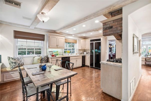 Dining room, Interior, Kitchen, Recessed Lighting, Wooden Beams, Wood Texture Flooring