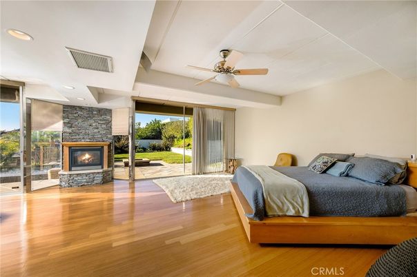 Bedroom, Fireplace, Interior, Recessed Lighting, Wood Texture Flooring