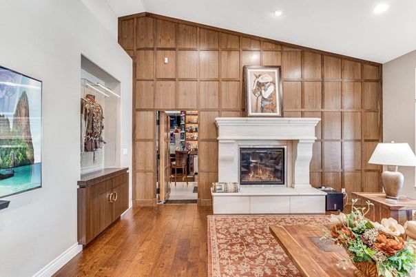 Fireplace, Interior, Recessed Lighting, Wood Texture Flooring, Wooden Walls