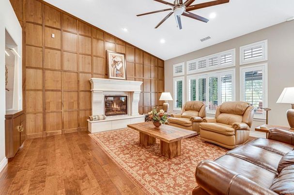 Fireplace, Interior, Living room, Recessed Lighting, Wood Texture Flooring, Wooden Walls