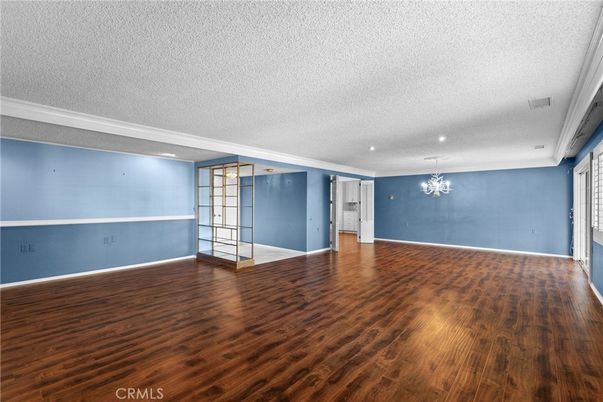 Chandelier, Empty room, Interior, Recessed Lighting, Wood Texture Flooring