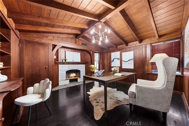 Fireplace, Home Office, Interior, Wooden Beams, Wooden Ceilings, Wood Texture Flooring, Wooden Walls