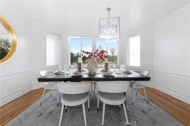 Dining room, Interior, Pendant Lights, Wood Texture Flooring