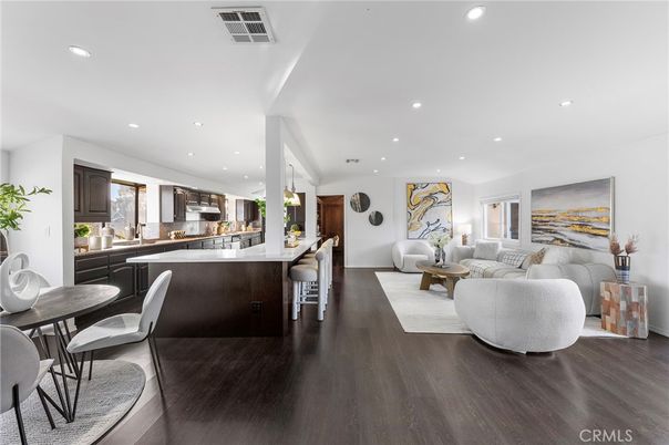 Dining room, Interior, Kitchen, Living room, Recessed Lighting, Wood Texture Flooring