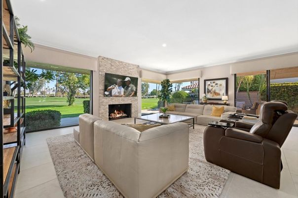 Fireplace, Interior, Living room, Recessed Lighting, Stone Walls