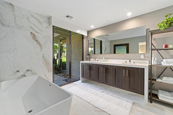 Bathroom, Dual Sink Vanities, Free Standing Baths, Glass Shower, Interior, Marble, Marble Walls, Recessed Lighting