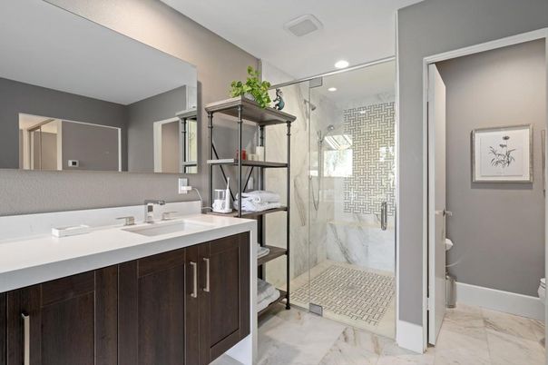 Bathroom, Glass Shower, Interior, Marble, Marble Walls, Recessed Lighting