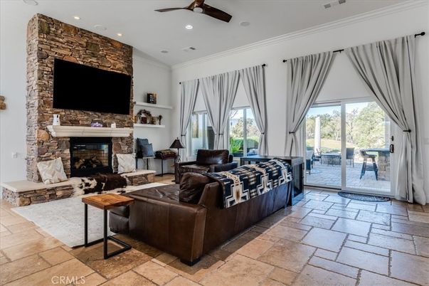 Fireplace, Interior, Living room, Recessed Lighting, Stone Walls