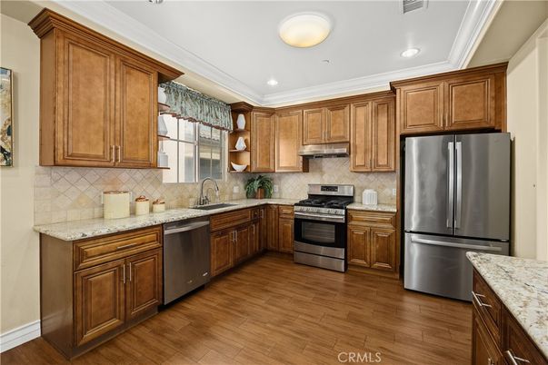 Interior, Kitchen, Recessed Lighting, Stainless Steel Appliances, Wood Texture Flooring