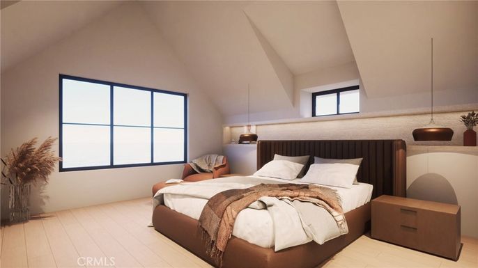 Bedroom, Interior, Pendant Lights, Wood Texture Flooring