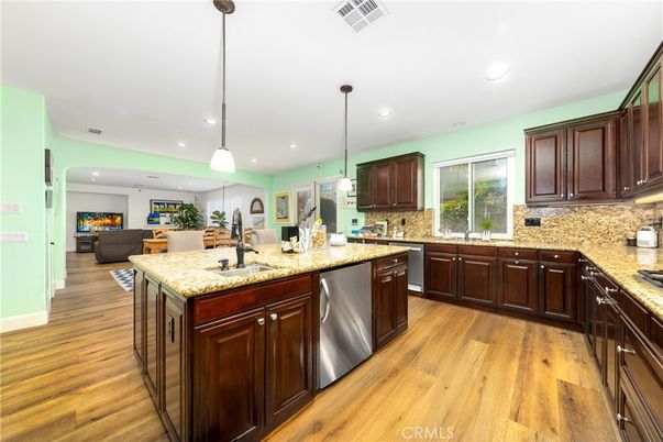 Fireplace, Interior, Kitchen, Living room, Pendant Lights, Recessed Lighting, Wood Texture Flooring