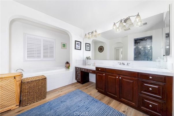 Bathroom, Dual Sink Vanities, Interior, Tile Countertops, Wood Texture Flooring