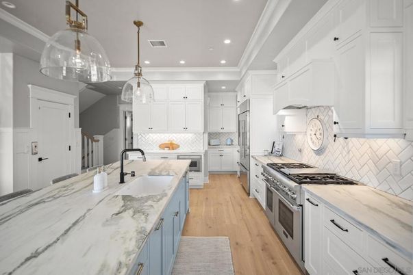 Interior, Kitchen, Pendant Lights, Recessed Lighting, Stainless Steel Appliances, Wood Texture Flooring