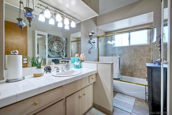 Bathroom, Glass Shower, Interior, Pendant Lights, Tile Countertops
