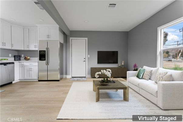 Interior, Kitchen, Living room, Recessed Lighting, Stainless Steel Appliances, Wood Texture Flooring