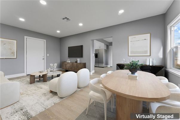 Dining room, Interior, Living room, Recessed Lighting, Wood Texture Flooring