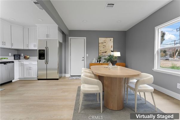 Dining room, Interior, Kitchen, Recessed Lighting, Stainless Steel Appliances, Wood Texture Flooring