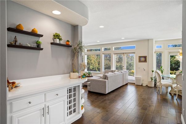Dining room, Interior, Living room, Recessed Lighting, Wood Texture Flooring