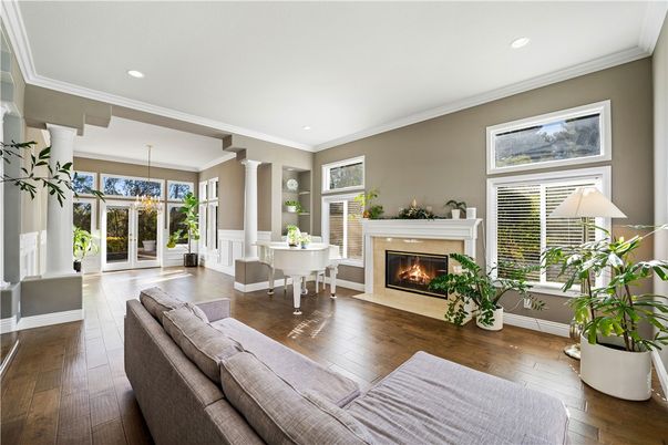 Dining room, Fireplace, Interior, Living room, Pendant Lights, Piano, Recessed Lighting, Wood Texture Flooring