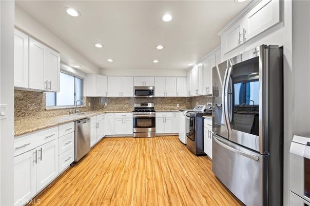 Interior, Kitchen, Recessed Lighting, Stainless Steel Appliances, Wood Texture Flooring